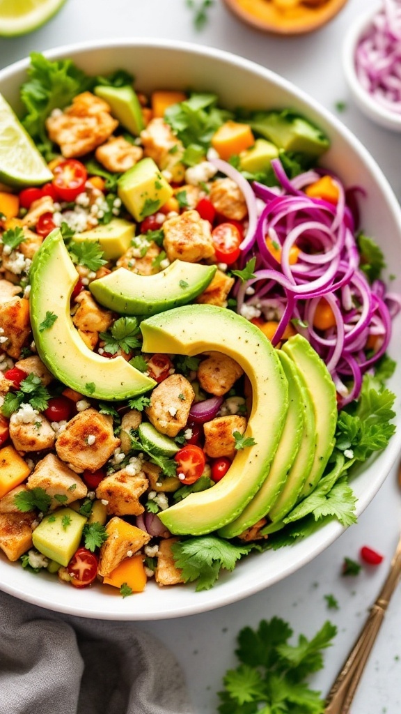 A colorful bowl of chili lime chicken salad topped with avocado slices.