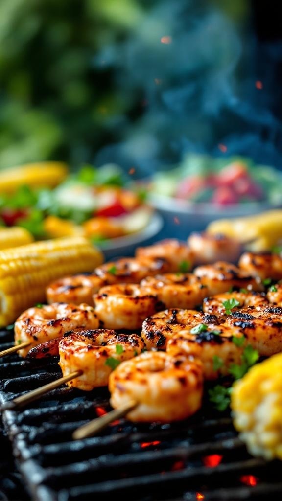 Chili lime grilled shrimp skewers on a grill with corn and salad in the background