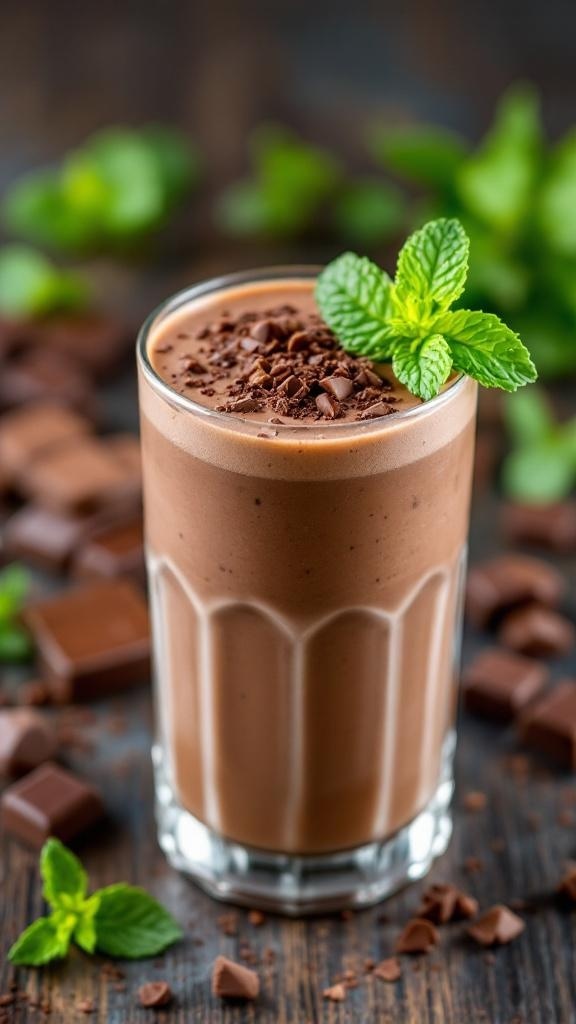 A refreshing mint chocolate smoothie topped with mint leaves and chocolate shavings.
