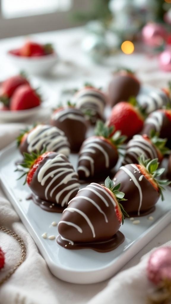A plate of chocolate-covered strawberry bites, beautifully arranged with a drizzle of white chocolate on top.