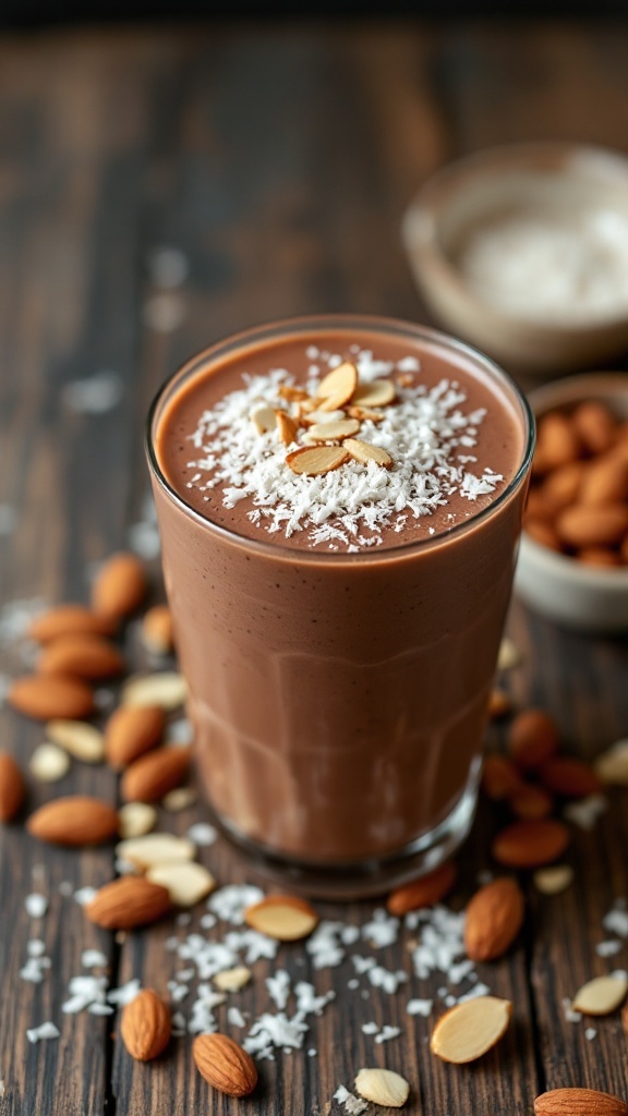A delicious chocolate almond smoothie topped with shredded coconut and almonds