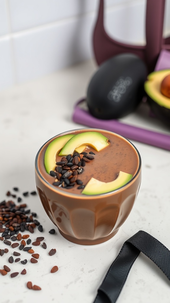 A chocolate avocado smoothie served in a bowl with avocado slices on top.