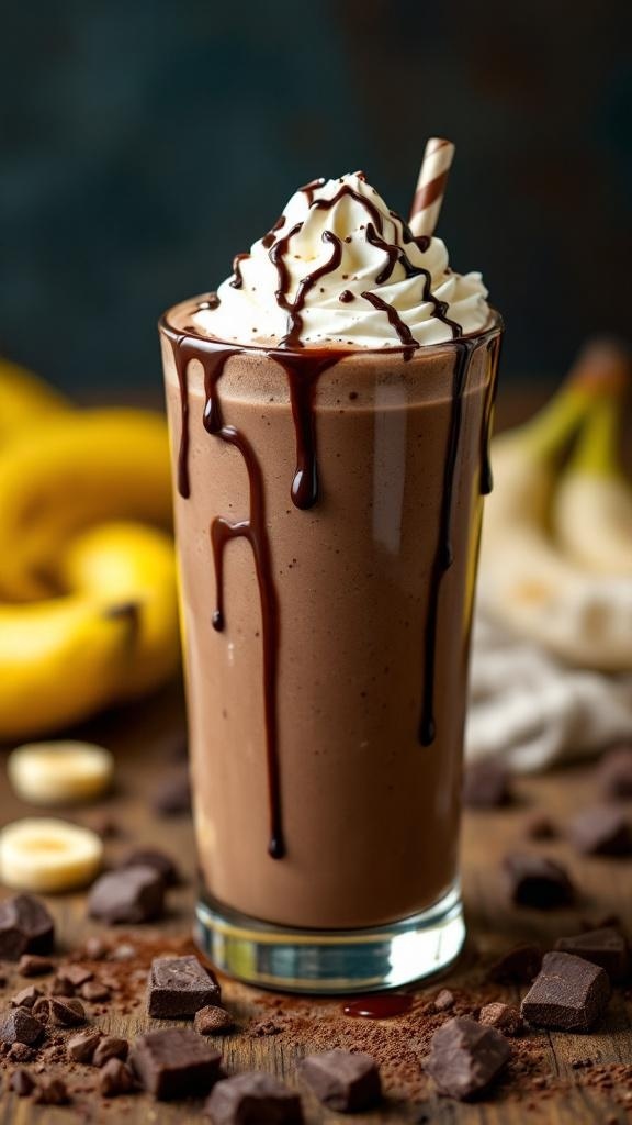 A delicious Chocolate Banana Bliss Smoothie topped with whipped cream and chocolate syrup, surrounded by bananas and chocolate pieces.