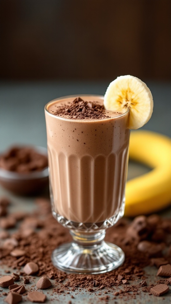 A delicious chocolate banana smoothie in a clear glass, garnished with banana slices and chocolate powder.