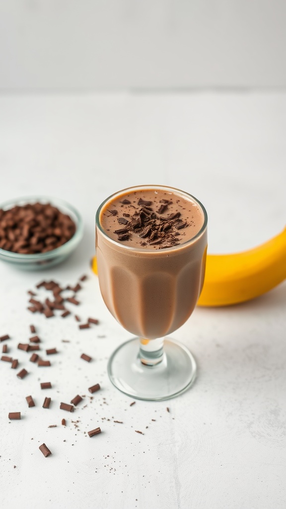 A delicious chocolate banana smoothie in a glass with banana and chocolate pieces around.