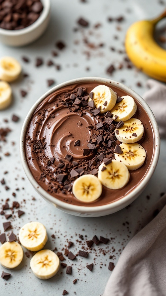 A creamy chocolate banana smoothie bowl topped with banana slices and chocolate chips