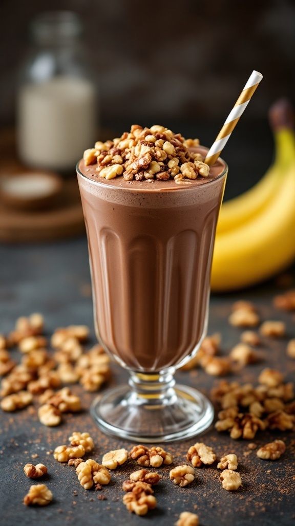 A delicious chocolate banana nut shake in a glass, topped with nuts.
