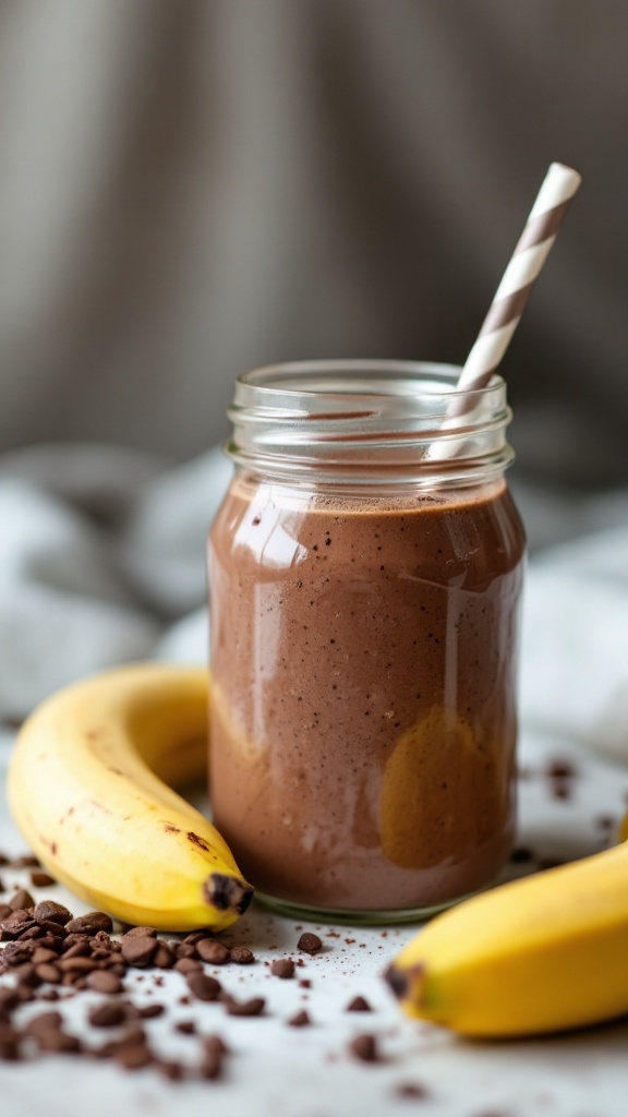 A chocolate banana protein smoothie in a jar with bananas and chocolate chips around it.