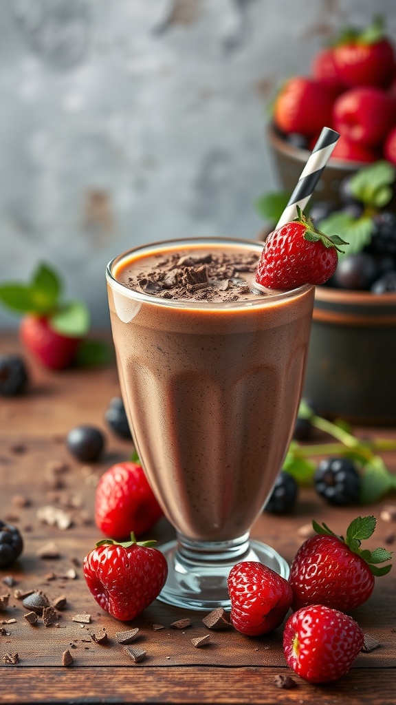 A delicious Chocolate Berry Indulgence smoothie in a glass with strawberries and blackberries on the side.