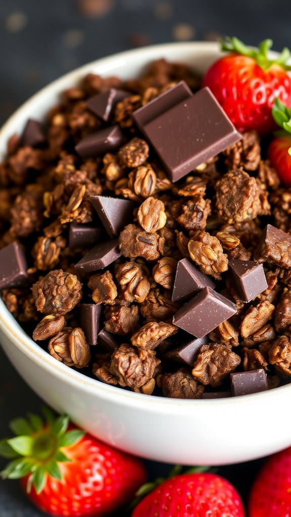 Bowl of dark chocolate granola with chocolate chunks and strawberries