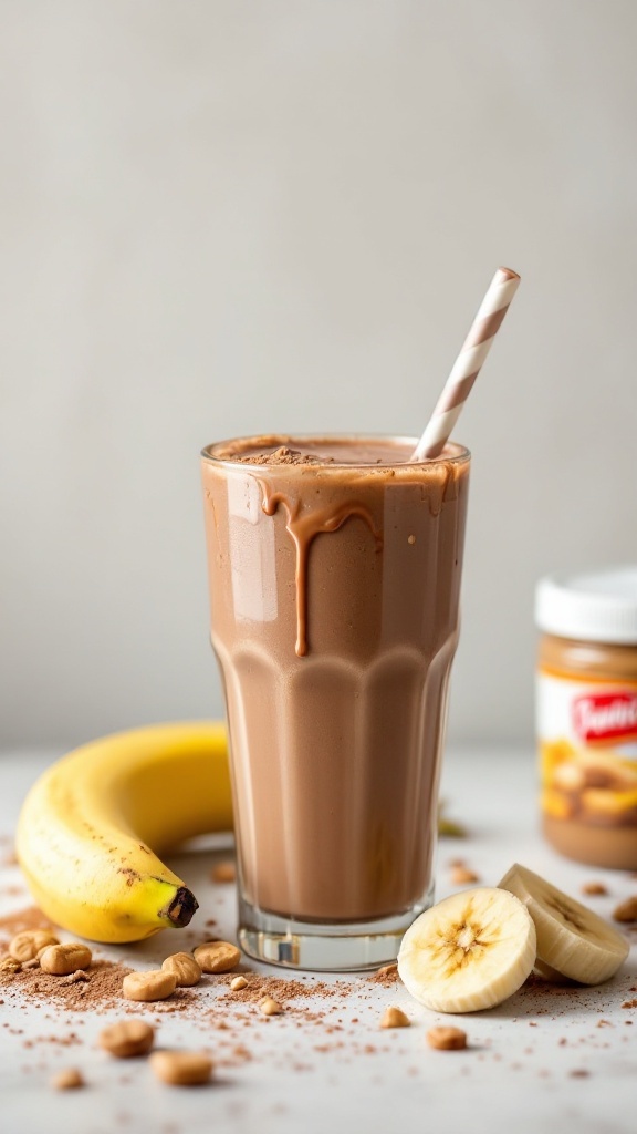 A chocolate peanut butter banana shake in a glass with a straw, surrounded by a banana, sliced banana, and peanuts.