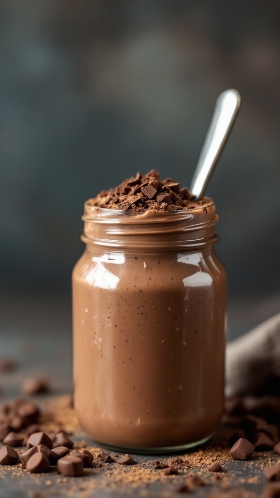 A creamy chocolate peanut butter smoothie in a jar with a spoon.