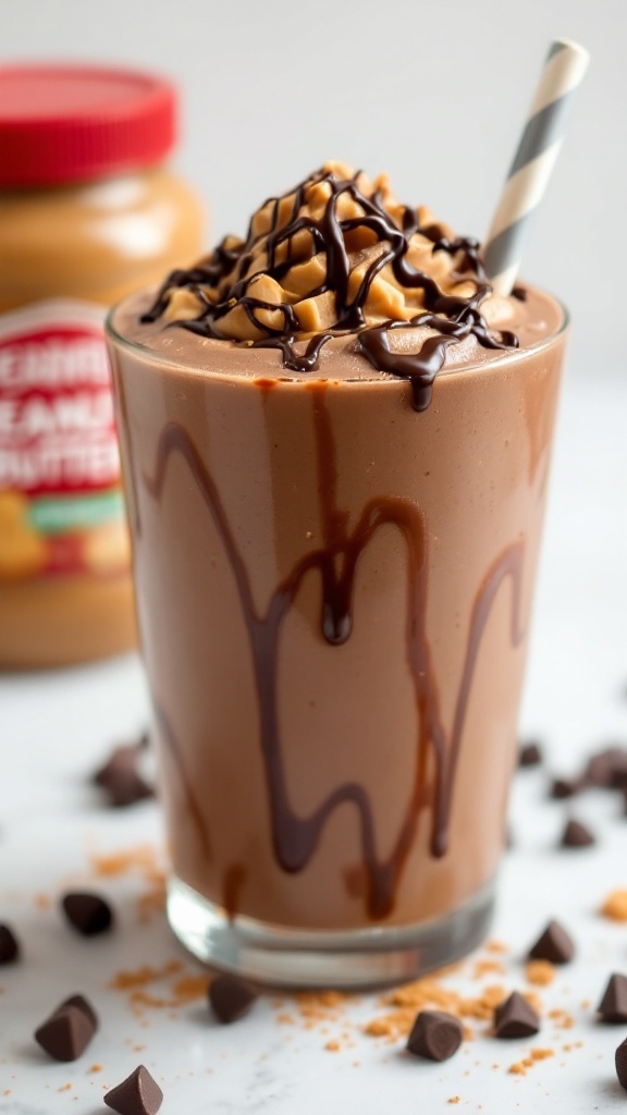 A delicious chocolate peanut butter smoothie topped with peanut butter and chocolate drizzle