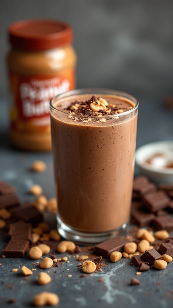 A glass of chocolate peanut butter smoothie topped with chocolate shavings and peanuts, with ingredients scattered around.