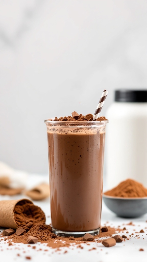 A glass of chocolate protein smoothie with a straw on a table