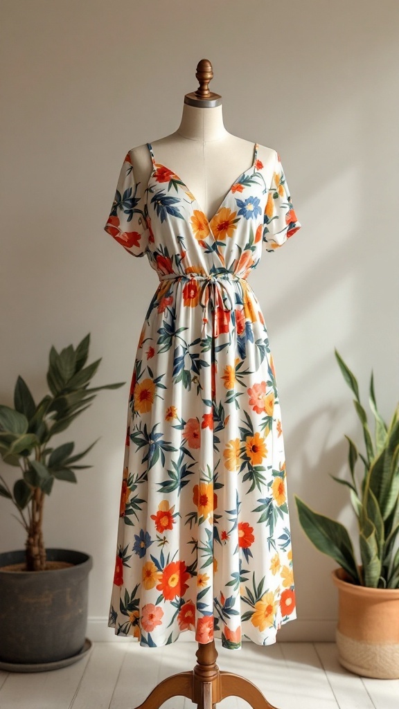 A floral dress displayed on a mannequin, suitable for day-to-night wear.