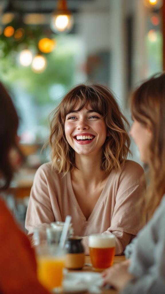 A young woman with choppy curtain bangs, smiling while sitting at a cafe, surrounded by friends.