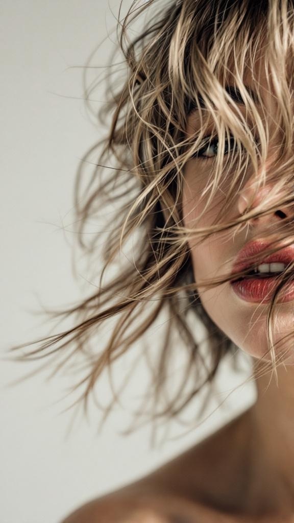 Model with choppy textured bangs, showcasing a playful hairstyle that frames a round face.