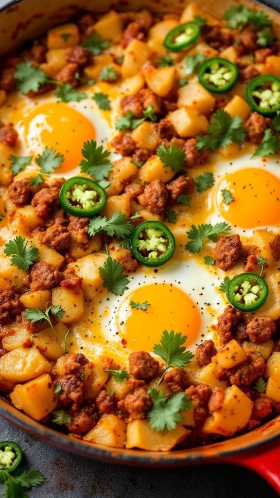 Chorizo and Potato Breakfast Bake with eggs and garnished with cilantro and jalapeños