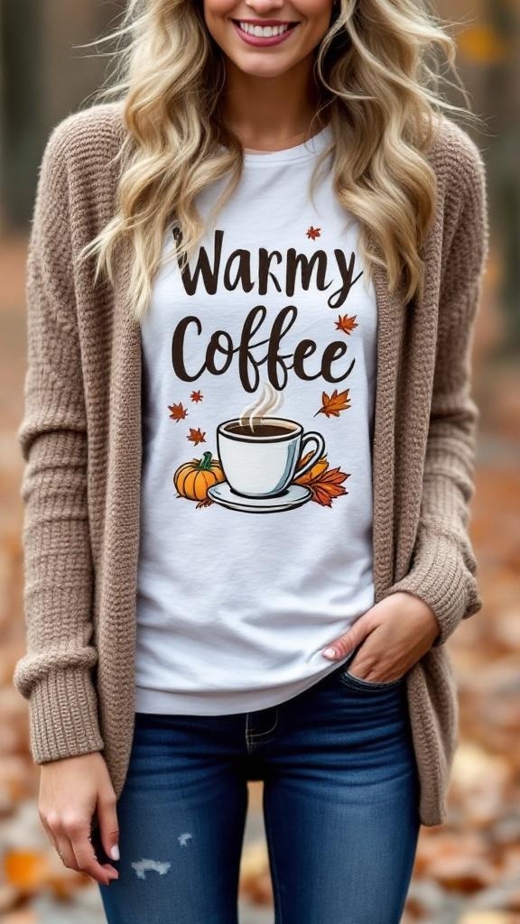 A woman wearing a chunky cardigan over a graphic tee with a coffee cup and pumpkins design.