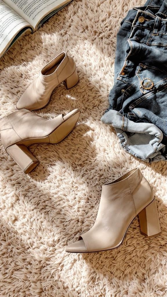 A pair of beige chunky heels on a fluffy rug next to denim jeans and an open book.