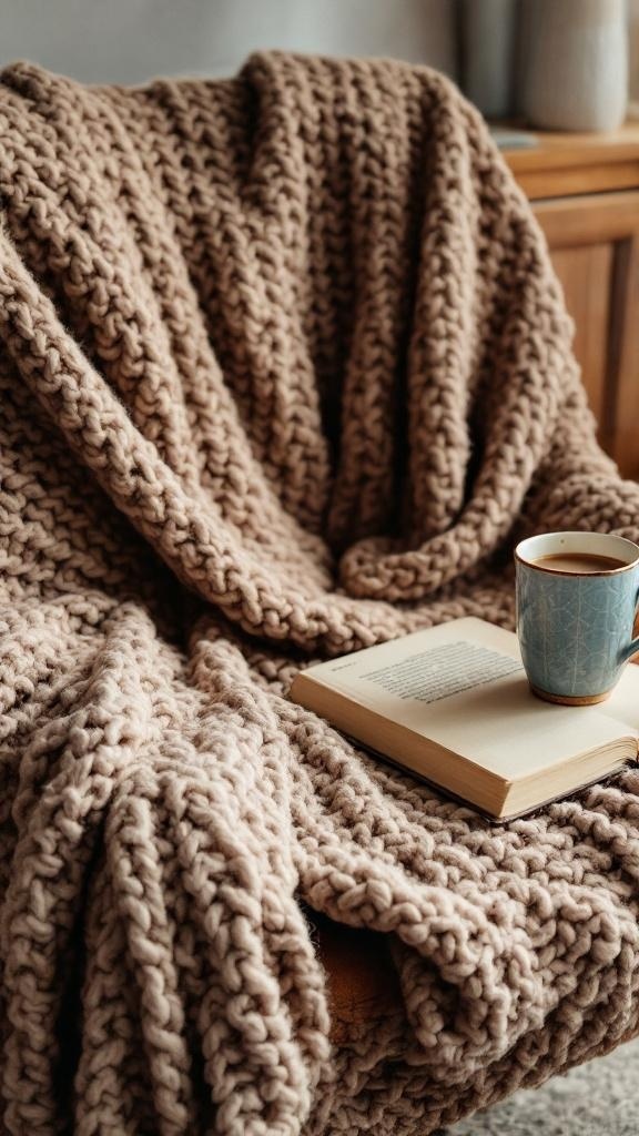 A cozy chunky knit blanket draped over a chair with a book and a cup of coffee on a table.