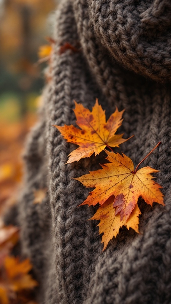 A close-up of a chunky knit sweater with autumn leaves on it, evoking a cozy fall vibe.