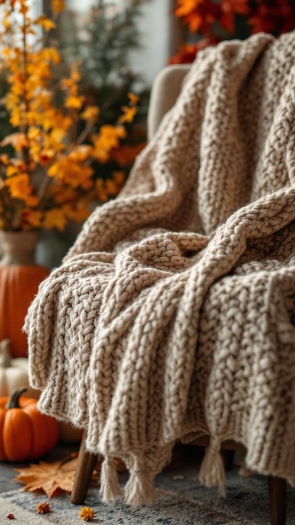 Cozy chunky knit blanket draped over a chair with pumpkins nearby