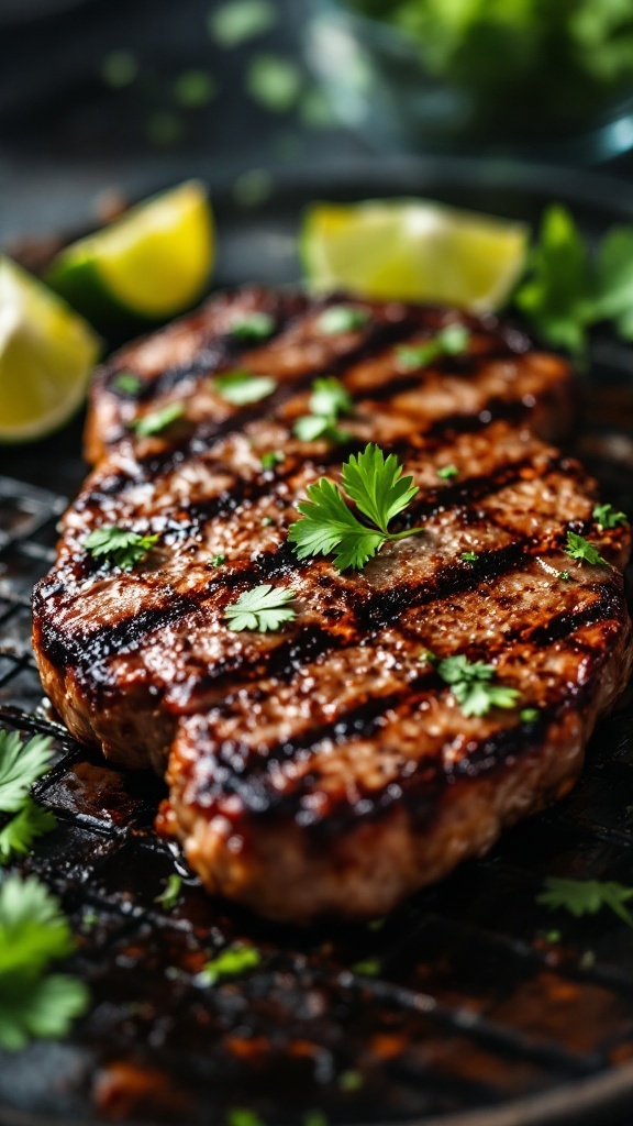 Cilantro lime grilled steak garnished with cilantro and lime wedges