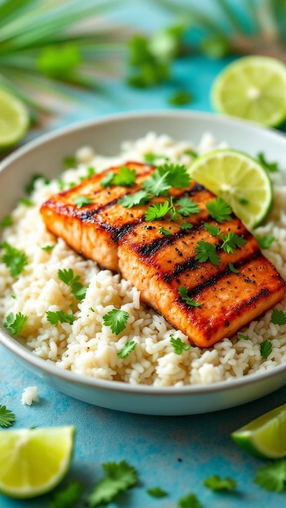 A plate of cilantro lime salmon served over coconut rice, garnished with fresh cilantro and lime wedges.