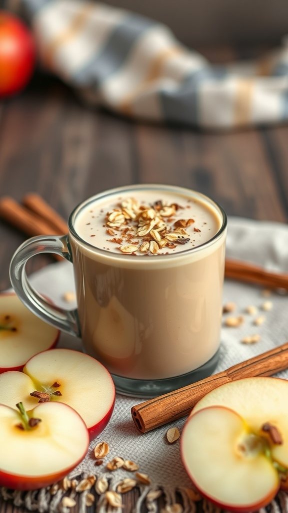 A delicious cinnamon apple oatmeal smoothie topped with oats and cinnamon.