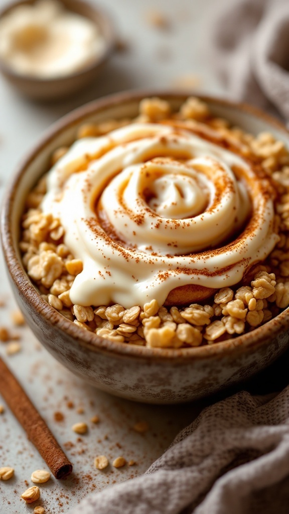 A delicious Cinnamon Roll Oatmeal Bowl topped with creamy frosting and sprinkled with cinnamon.