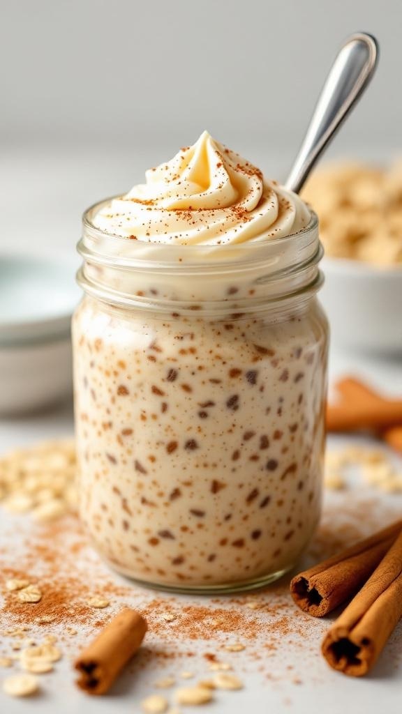 A jar of cinnamon roll overnight oats topped with whipped cream and cinnamon sticks.