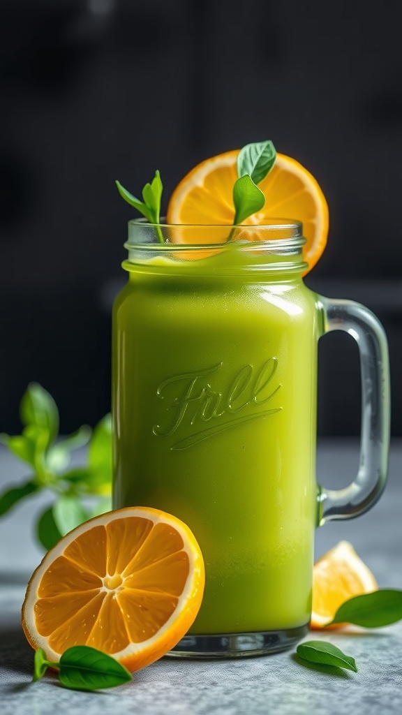 A vibrant green smoothie in a mason jar, garnished with a slice of orange and fresh herbs.
