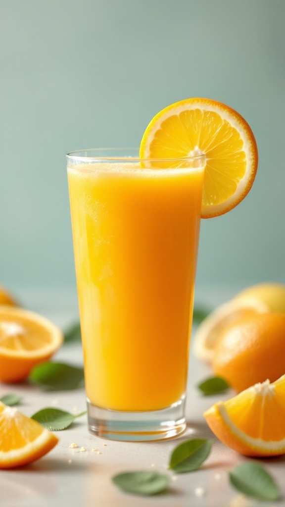A bright and refreshing citrus smoothie in a glass garnished with an orange slice.