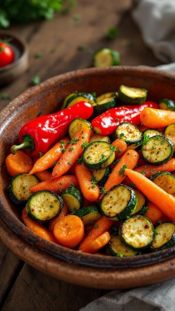 A colorful medley of air-fried vegetables including zucchini, carrots, and bell peppers.