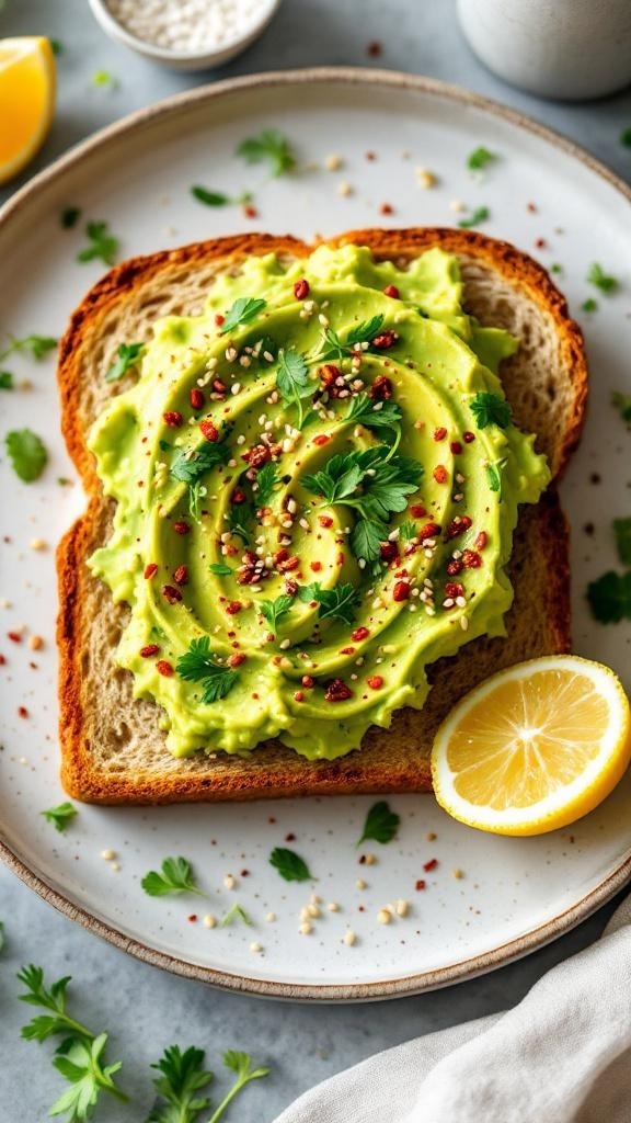 A slice of whole-grain bread topped with mashed avocado, garnished with cilantro and red pepper flakes, served with a lemon wedge.