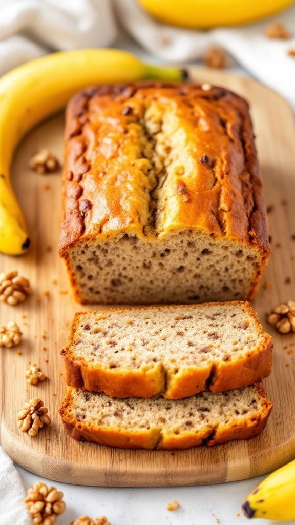 A loaf of banana bread sliced on a wooden board with bananas and walnuts around it.