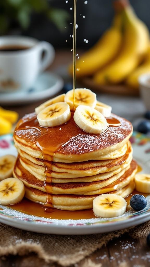 A stack of banana pancakes topped with banana slices and maple syrup.