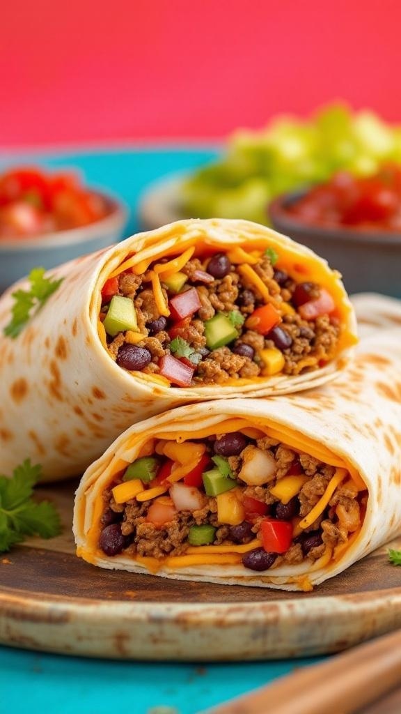 Two classic beef and bean burritos filled with ground beef, black beans, and colorful vegetables, served on a wooden plate.