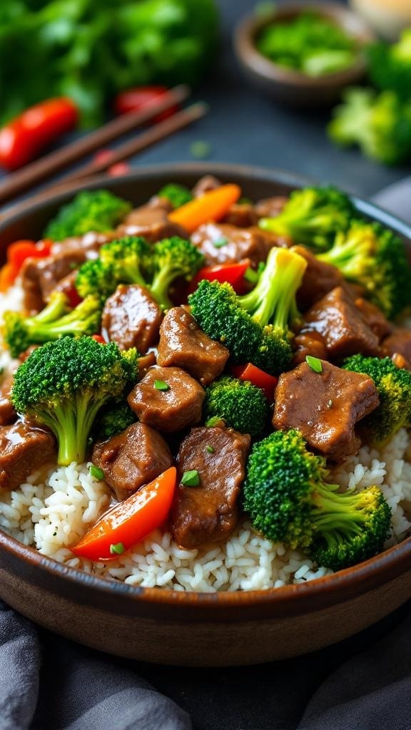 A bowl of beef and broccoli stir-fry served over rice, garnished with green onions and colorful bell peppers.