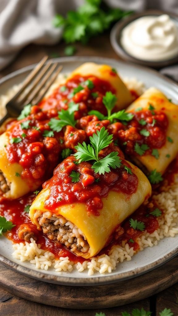 A plate of classic beef cabbage rolls topped with tomato sauce and garnished with parsley.