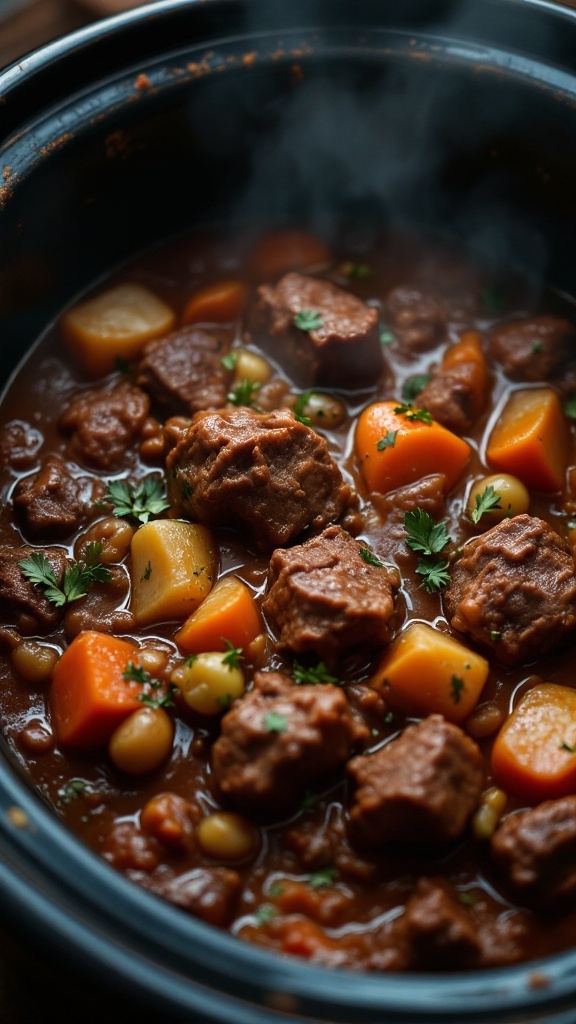 A bowl of classic beef stew with carrots and potatoes.