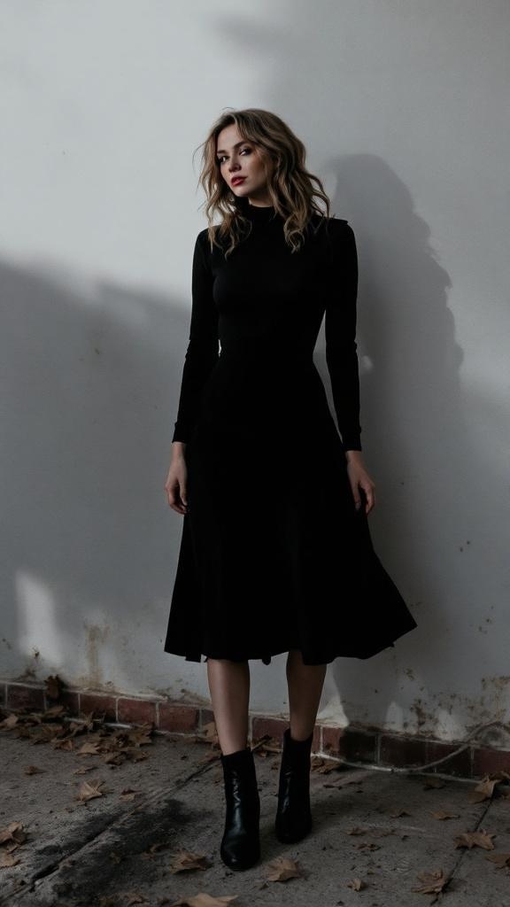 A woman wearing a classic black dress and ankle boots, standing against a wall