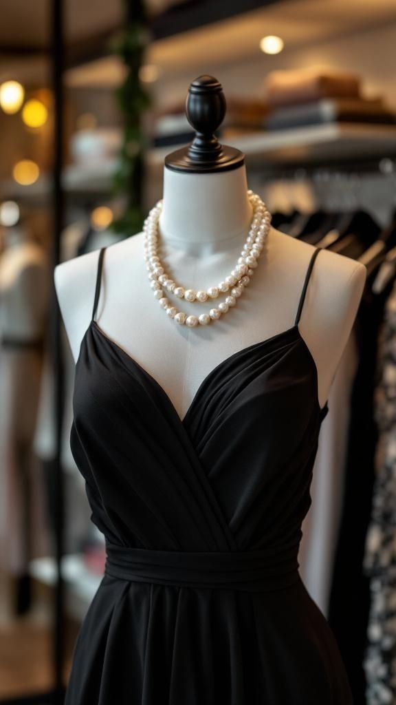 A classic black dress displayed on a mannequin, accessorized with a multi-strand pearl necklace.