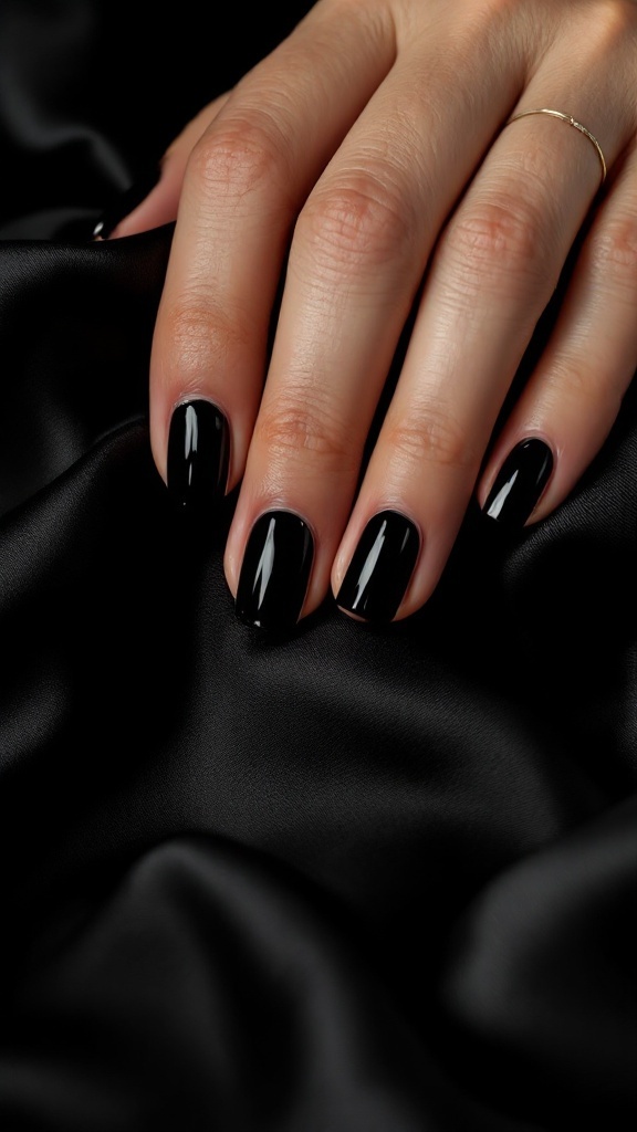 A close-up of a hand with classic black French tip nails on a black satin background.