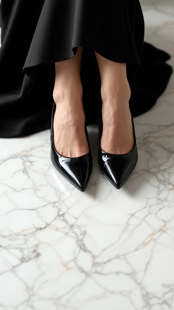 A pair of classic black pumps with a pointed toe, resting on a marble surface.