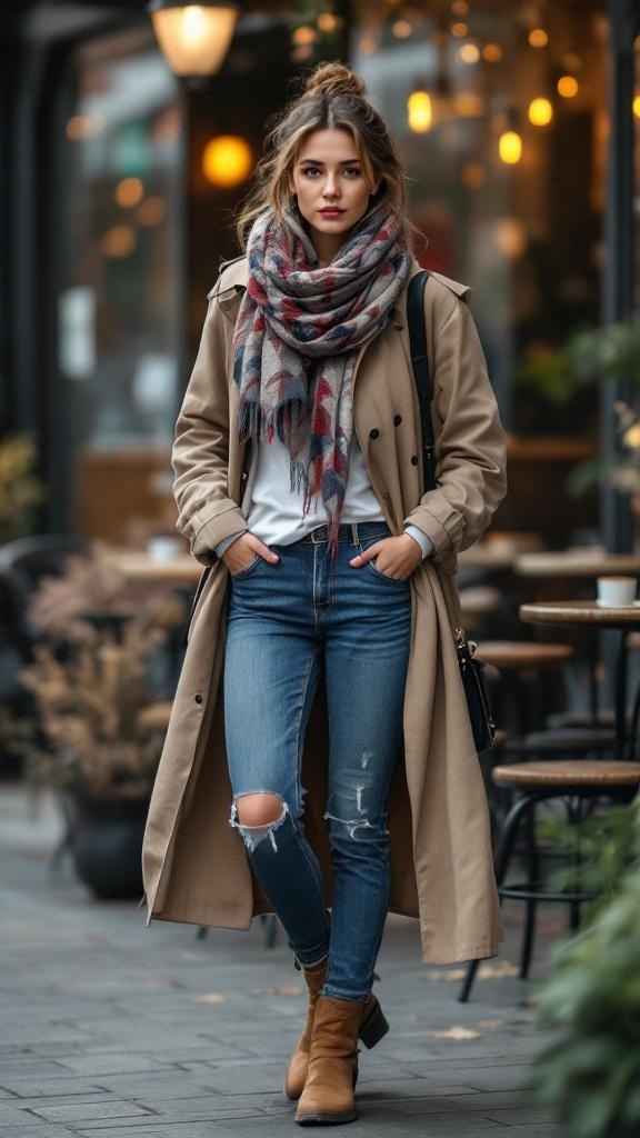 A woman wearing classic blue jeans with rips, a beige trench coat, and a plaid scarf, standing outside a café.