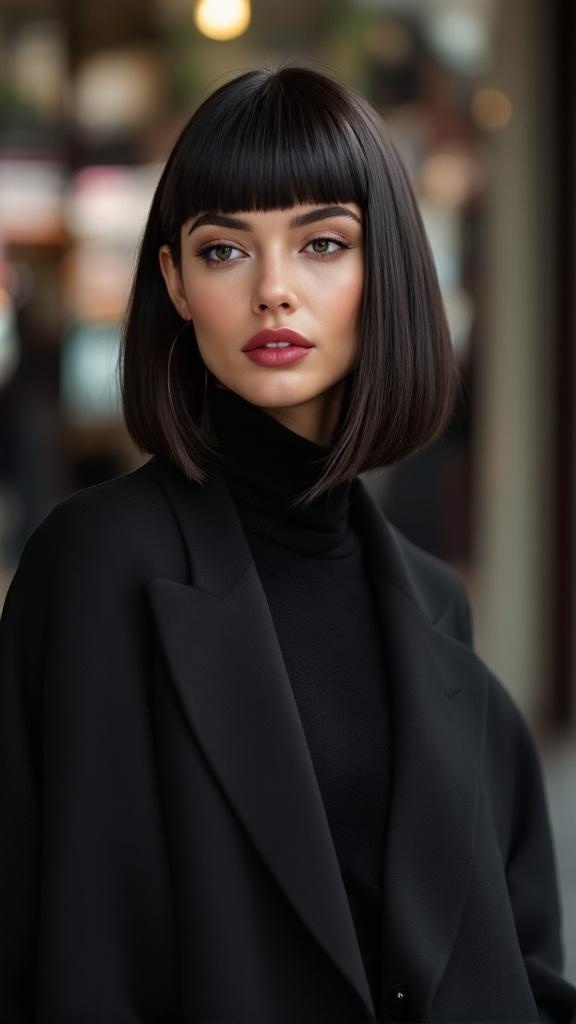 A model with a classic blunt cut hairstyle, featuring straight dark hair and bangs, wearing a black outfit.