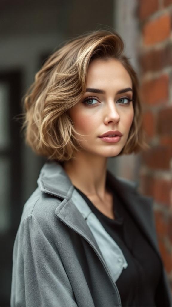 A woman with a classic bob hairstyle featuring soft waves, looking stylish and elegant.